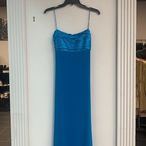 Long blue prom dress with empire waist line